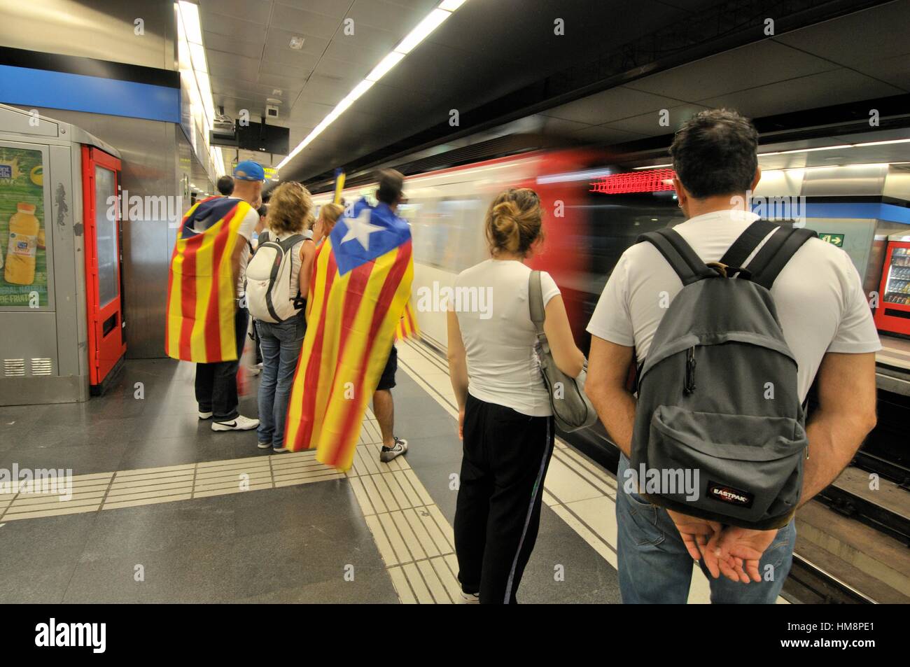 Catalonia independentists flags in a subway station.  September 11, 2015, Barcelona, Catalonia, Spain Stock Photo