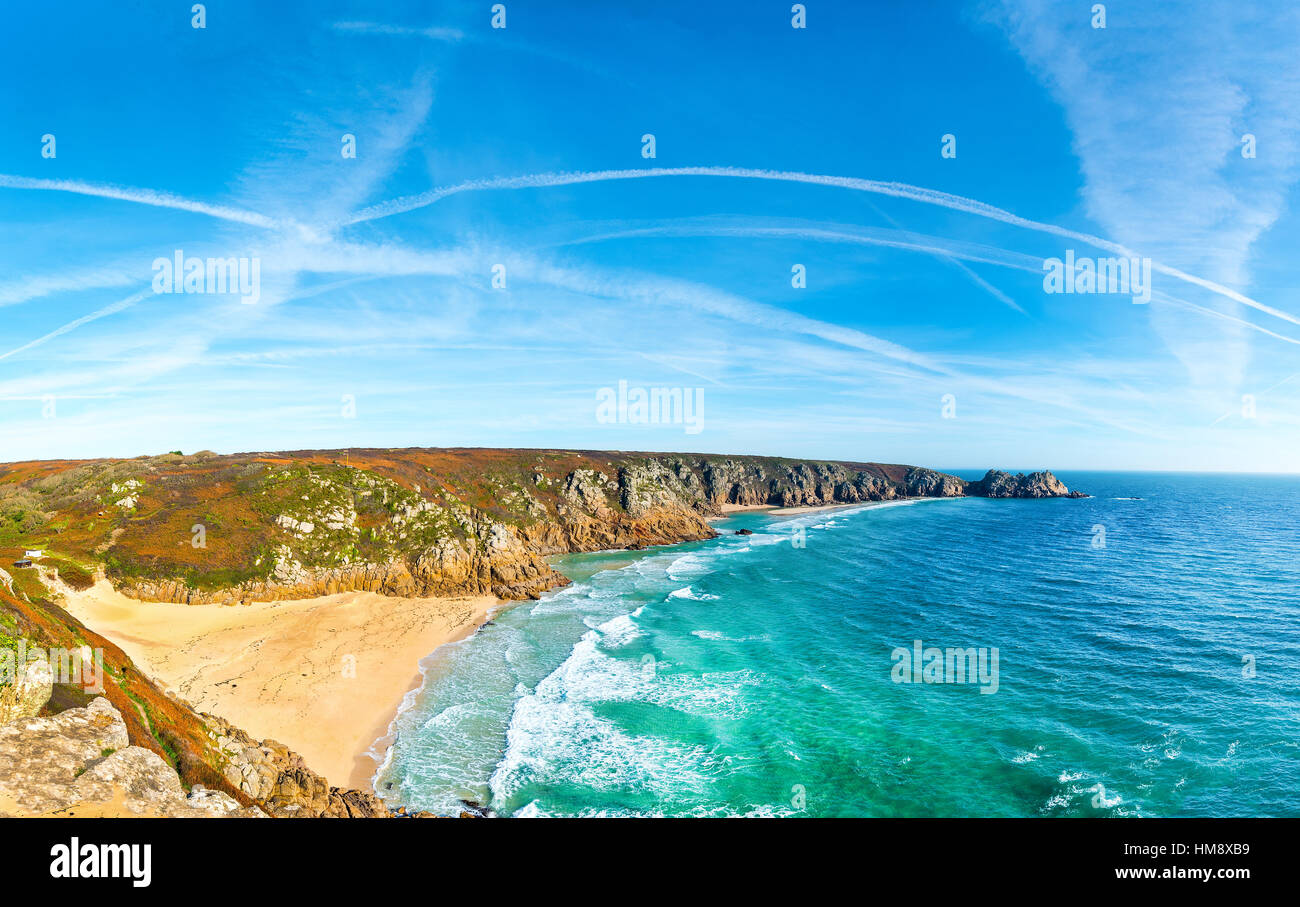 Panoramic view of the Cornish Coast from Porthcurno to Pedn Vounder and the Logan Rock. Stock Photo