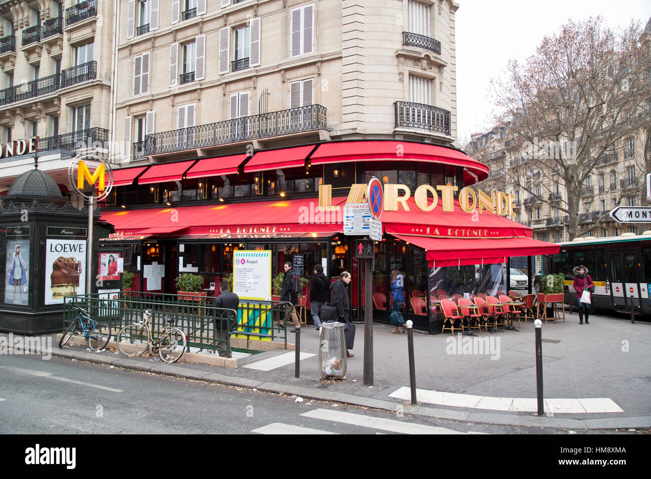 Exterior of La Rotonde Brasserie in Montparnasse in the 14th arrondissement of Paris in winter Stock Photo