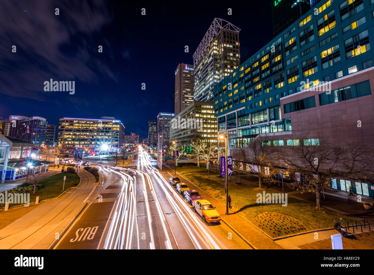 Long exposure of Pratt Street in Baltimore, Maryland Stock Photo