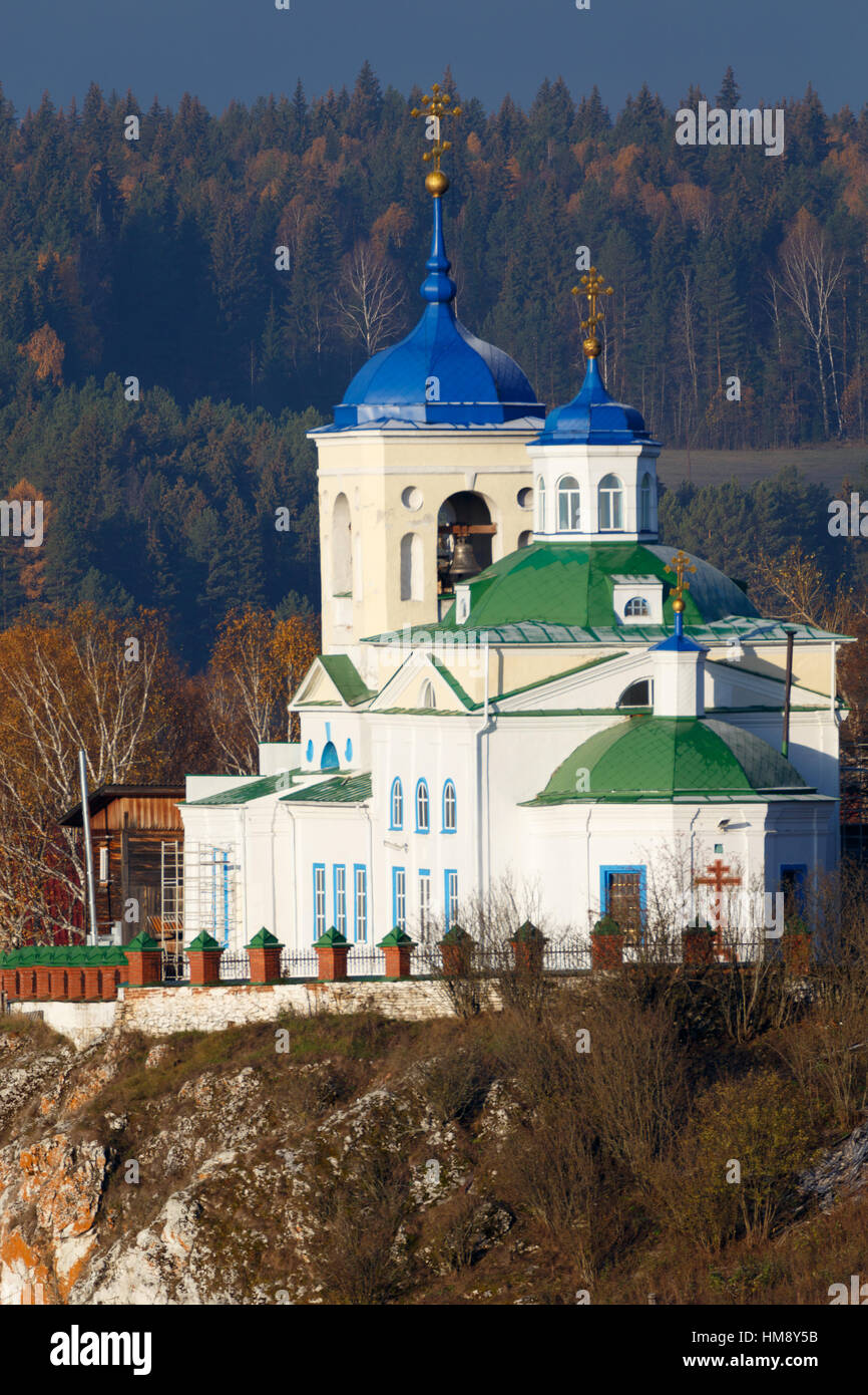 orthodox church, russian church, first snow in village, building reflection Stock Photo