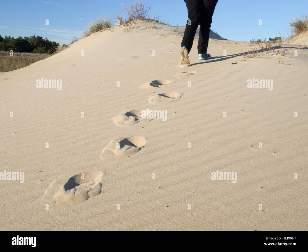 Footprints in sand at Jockeys Ridge State Park in Outer Banks, North