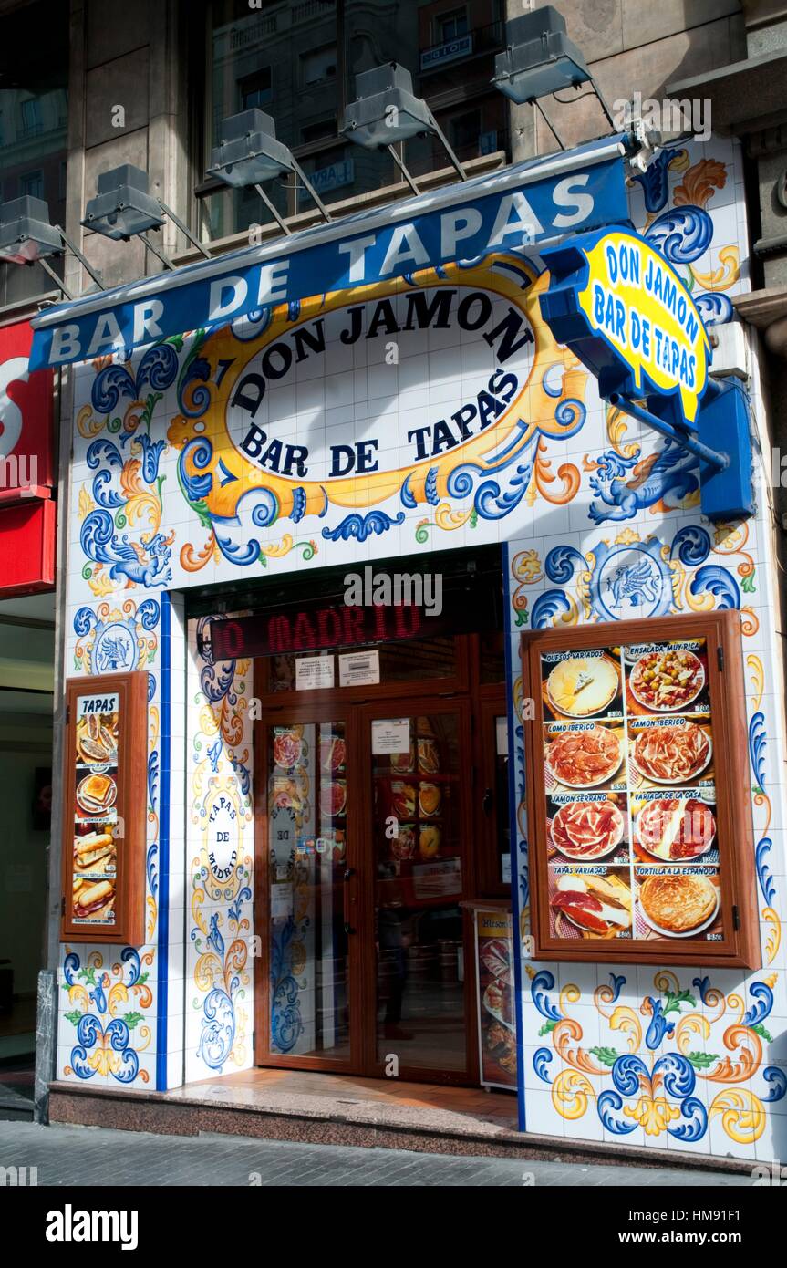 Facade of Don Jamon tapas bar. Gran Via street, Madrid, Spain Stock Photo -  Alamy