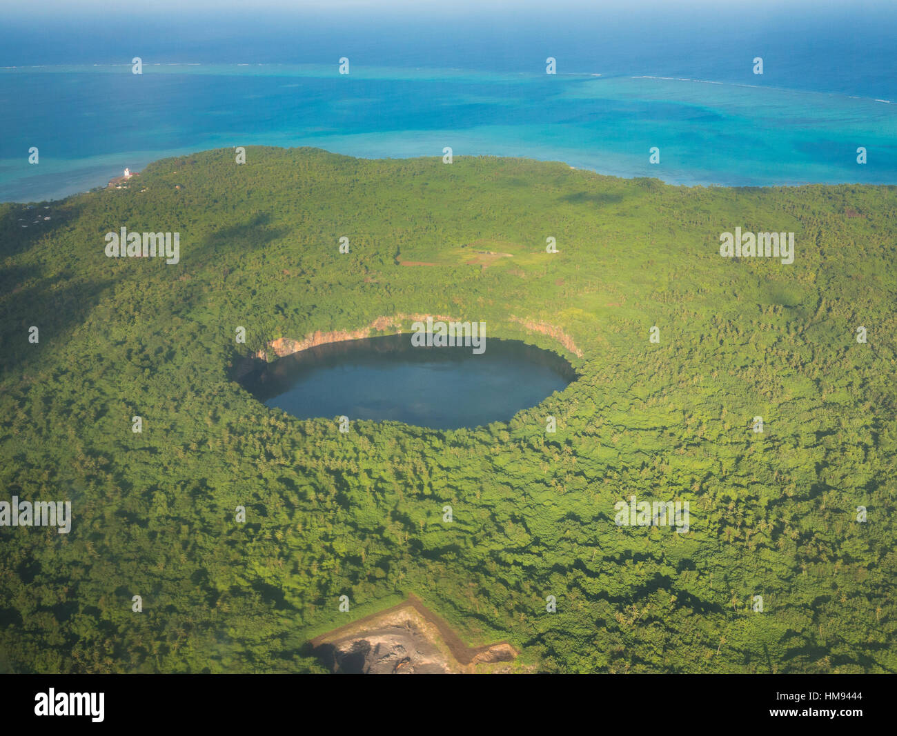 Aerial of Lalolalo lake volcanic crater lake, center of Wallis, Wallis and Futuna, South Pacific, Pacific Stock Photo