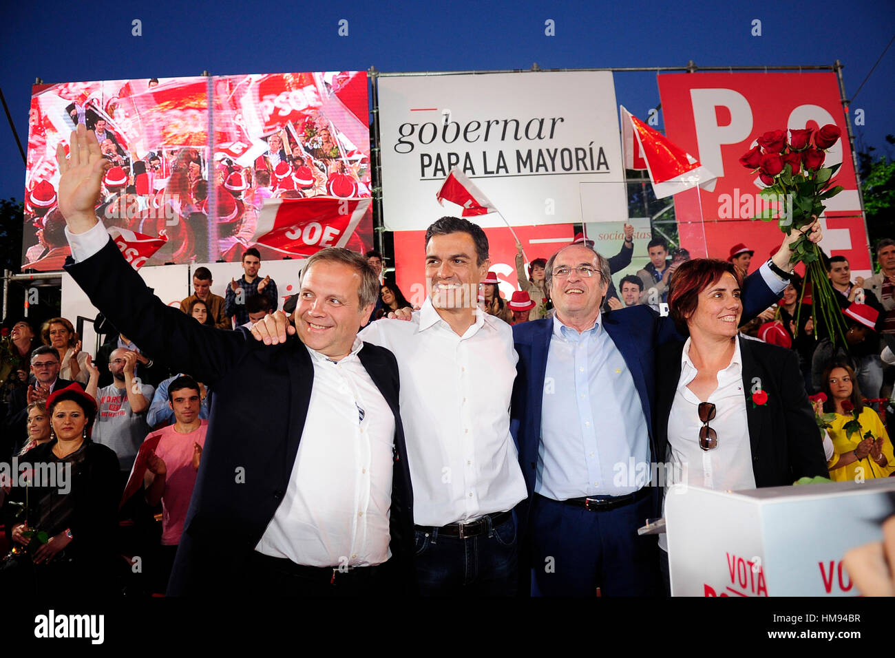 Socialist Party leader, Pedro Sanchez with Socialist Party candidate for Region of Madrid, Angel Gabilondo and Socialist Party (PSOE) candidate for mayor of Madrid, Antonio Miguel Carmona attend the closure of the campaign election of Socialist Party for the regional and municipal election in Madrid, on Friday 22th May, 2015 Stock Photo
