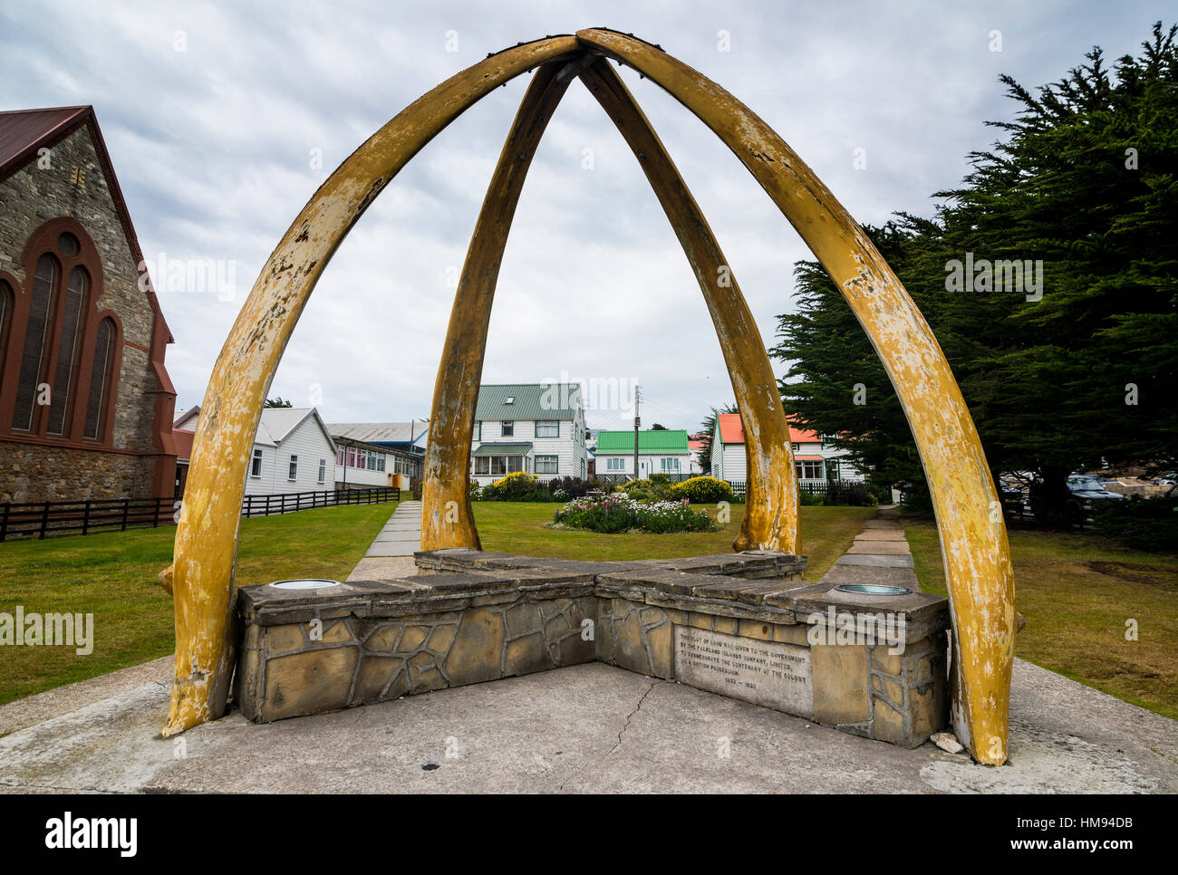 Cathedral and Whalebone Arch, Stanley, capital of the Falkland Islands, South America Stock Photo