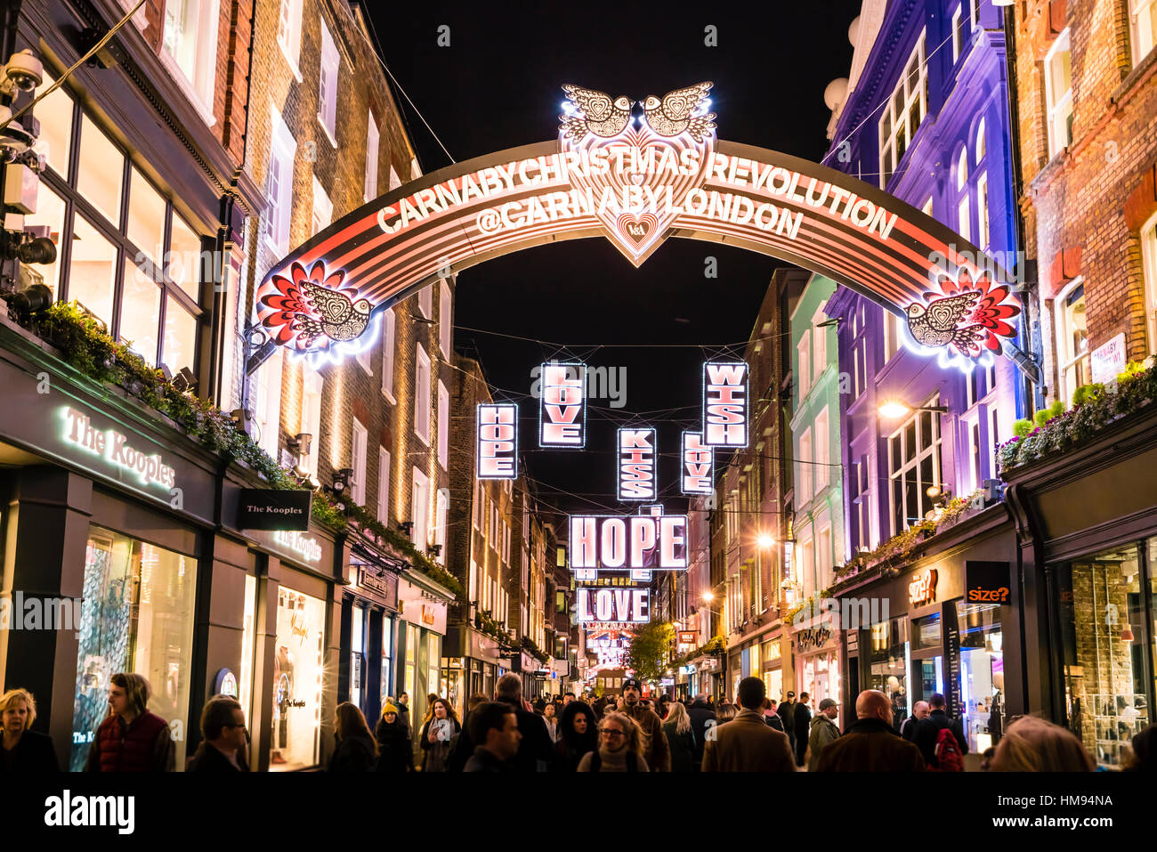 Alternative festive Christmas lights in Carnaby Street, Soho, London, England, United Kingdom Stock Photo