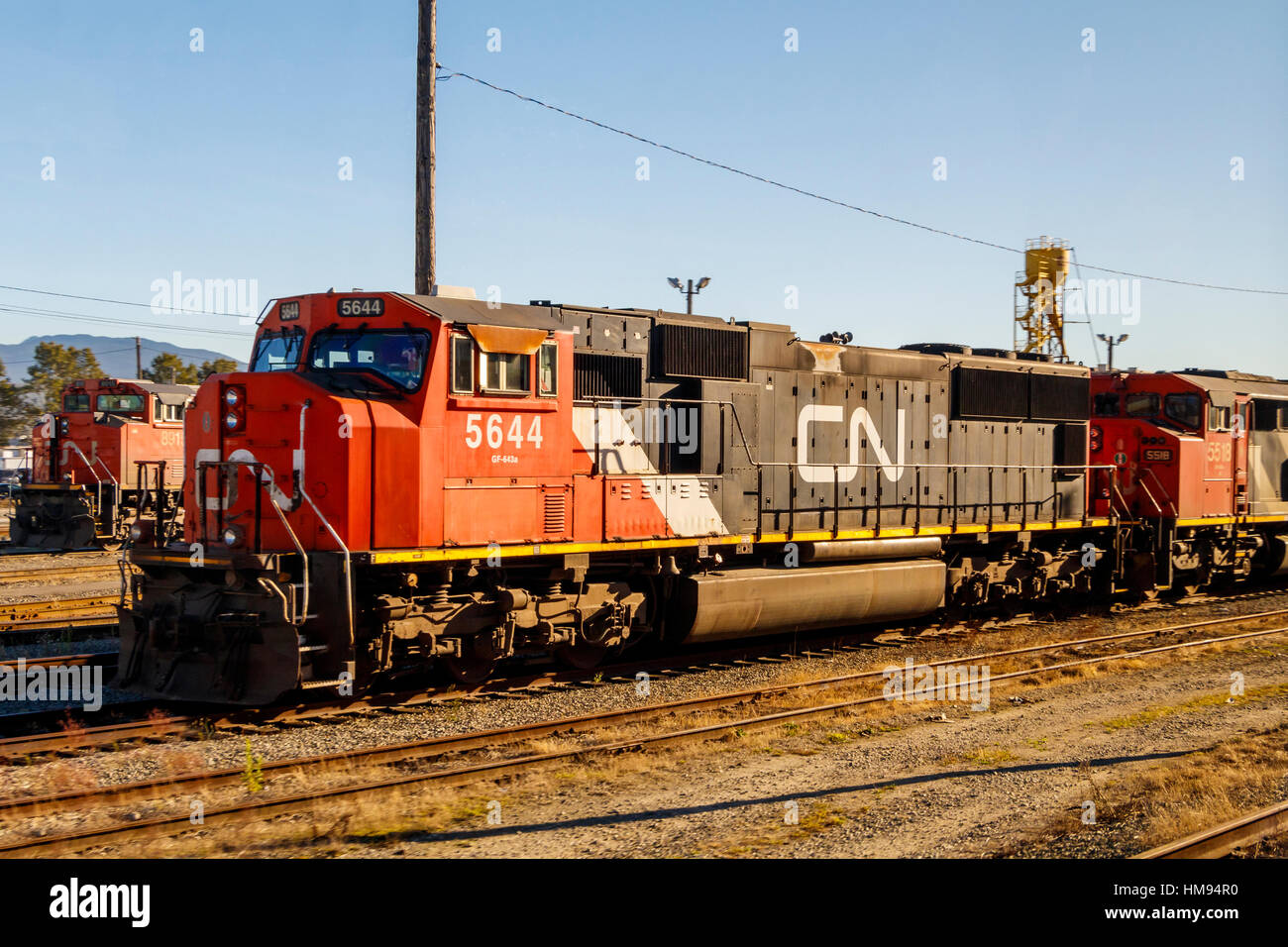 Canadian National Railway Company diesel friegt train on a siding in Vancouver, British Columbia, Canada. Stock Photo