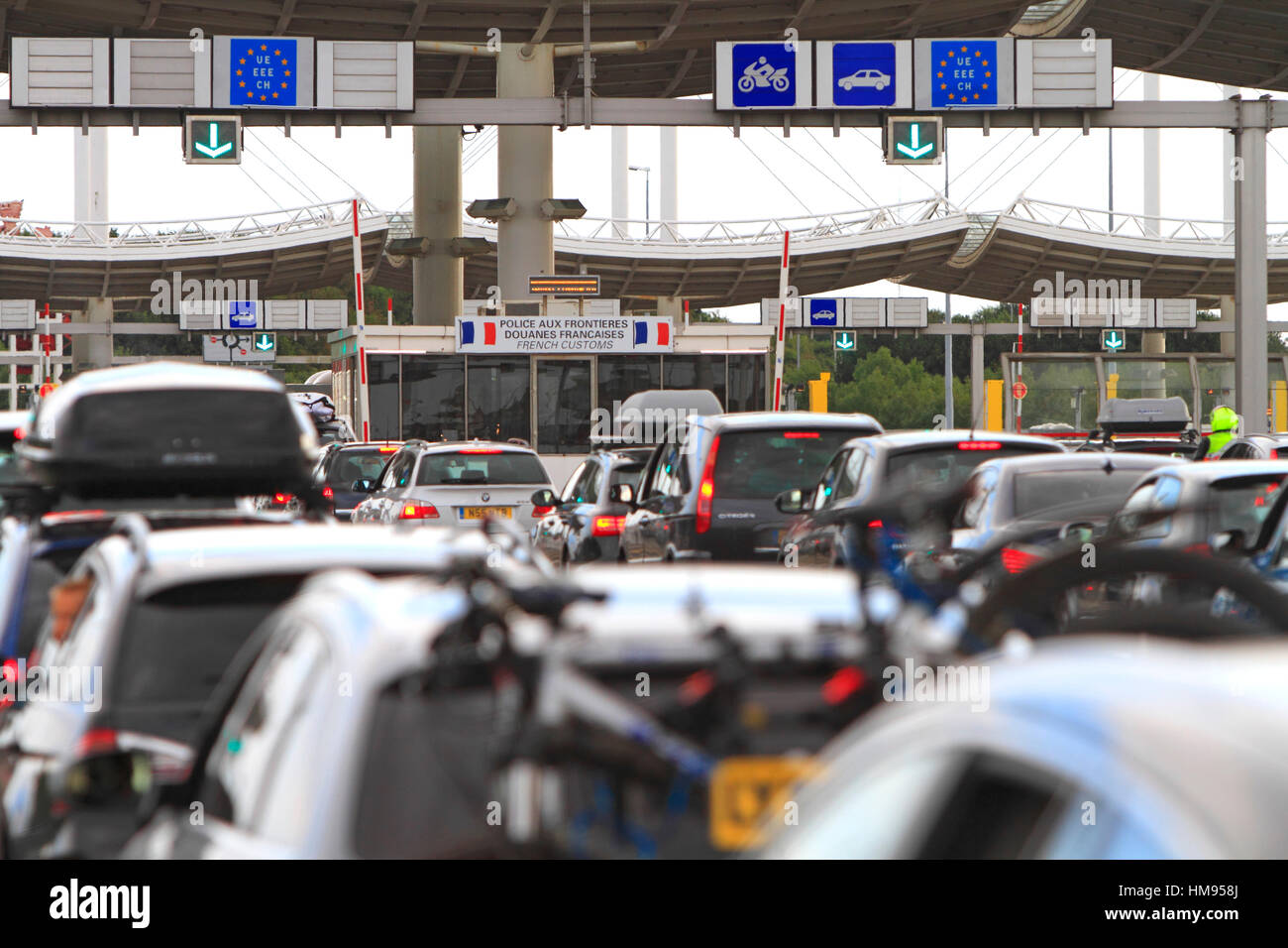 France, traffic jam at customs, border in Eurotunnel area on the French side. Englsih coming home from vacation. Stock Photo