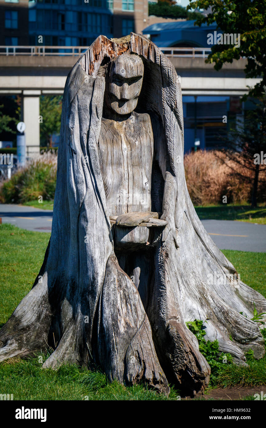 Wooden tree carving at the Telus Science Centre, Vancouver, British Columbia, Canada Stock Photo