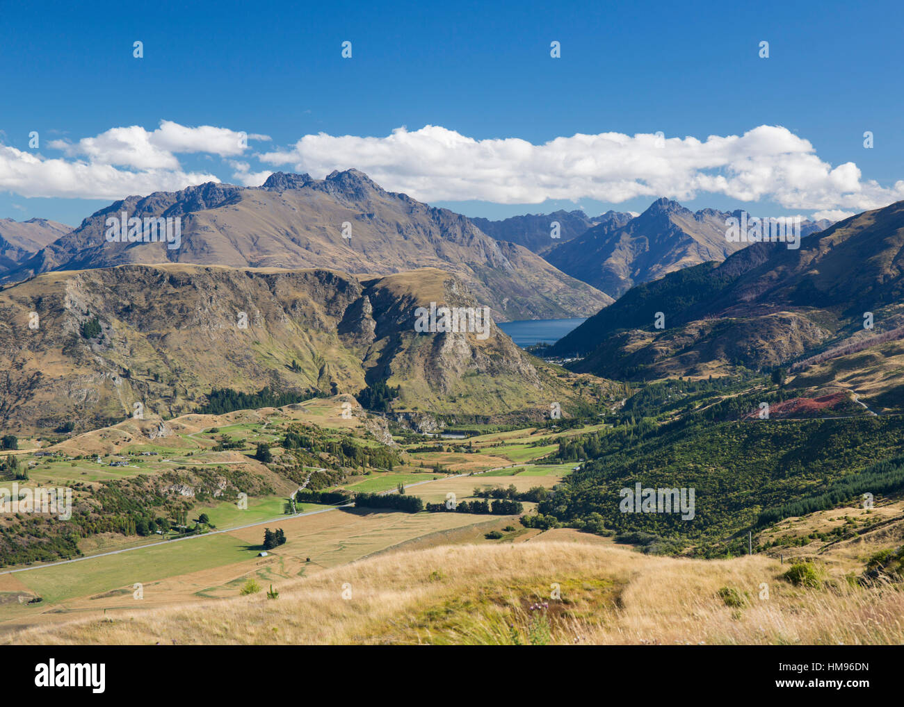 View towards Lake Wakatipu from the Coronet Peak road, Queenstown, Queenstown-Lakes district, Otago, South Island, New Zealand Stock Photo