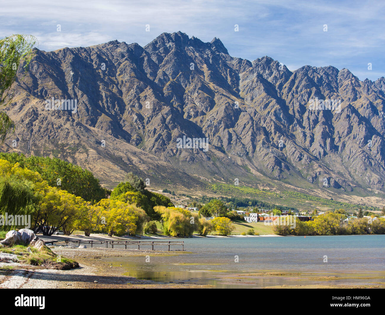 View across Frankton Arm to the Remarkables, autumn, Queenstown, Queenstown-Lakes district, Otago, South Island, New Zealand Stock Photo
