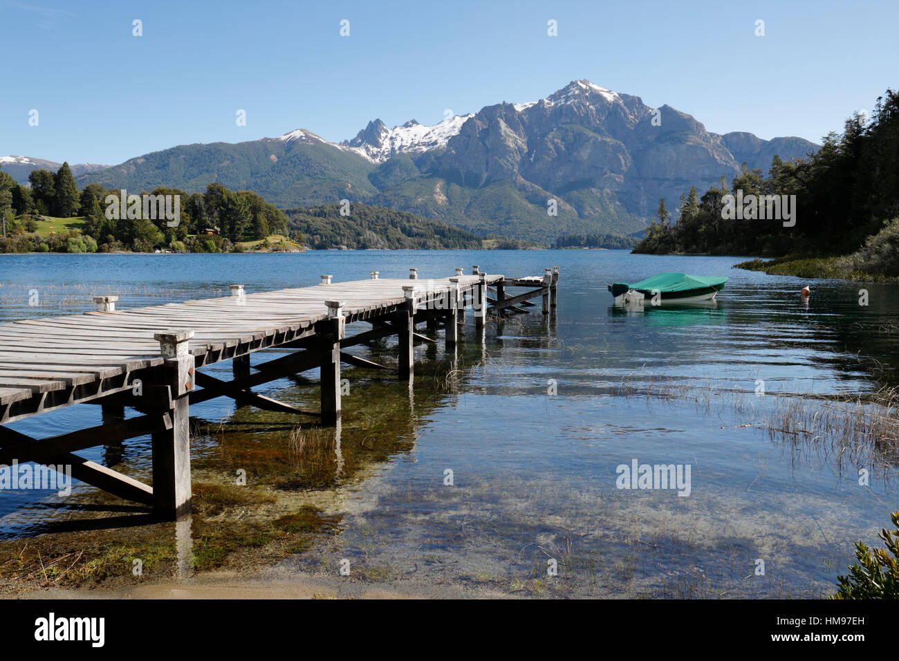 Pier and Andes on Lago Perito Moreno, Llao Llao, near Bariloche, Nahuel Huapi National Park, Lake District, Argentina Stock Photo