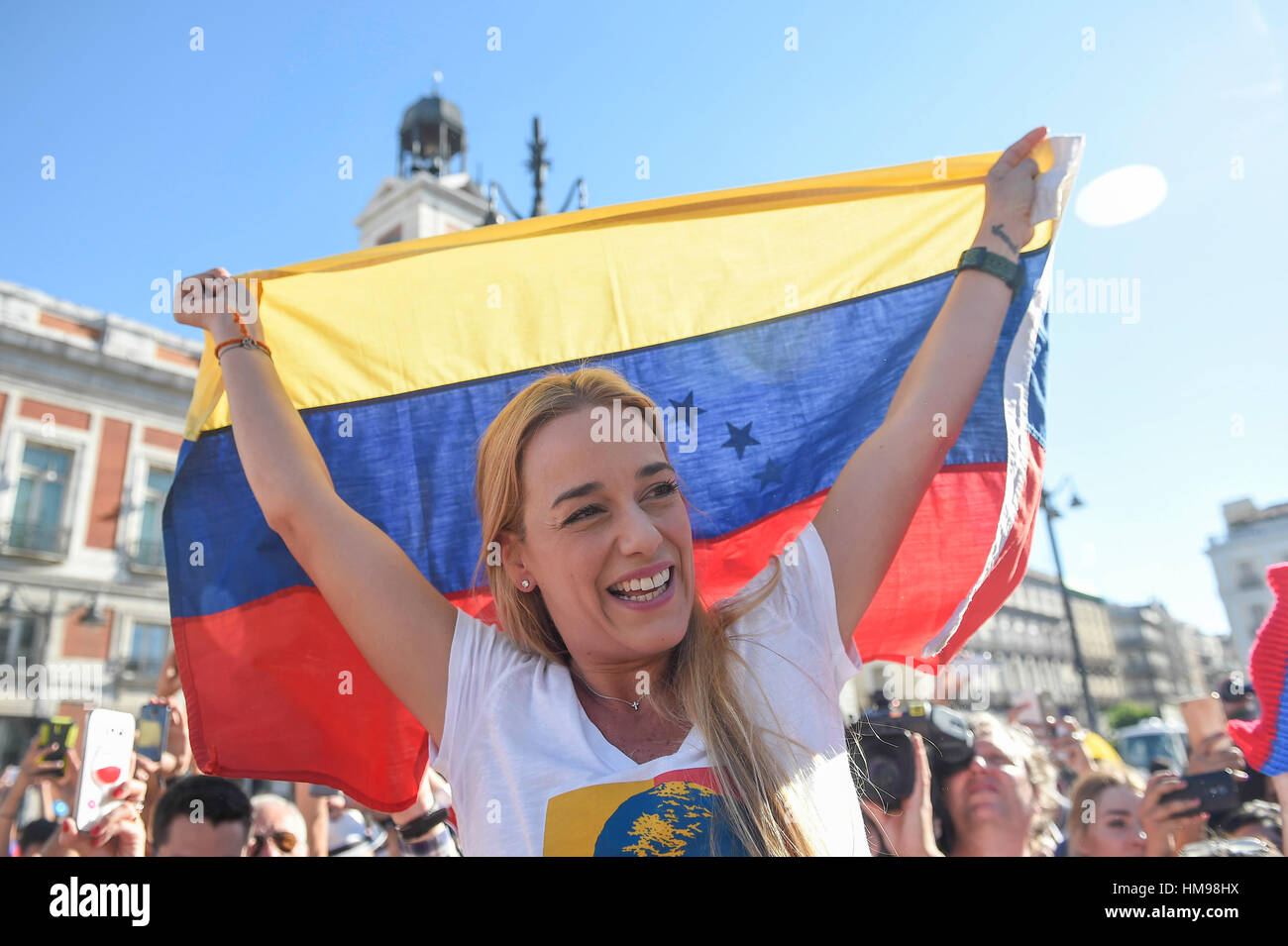 Venezuelan opposition, Lilian Tintori during the campaign to collect medical supplies 'Rescue Venezuela' in the Puerta del Sol in Madrid on Tuesday June 7, 2016. Stock Photo