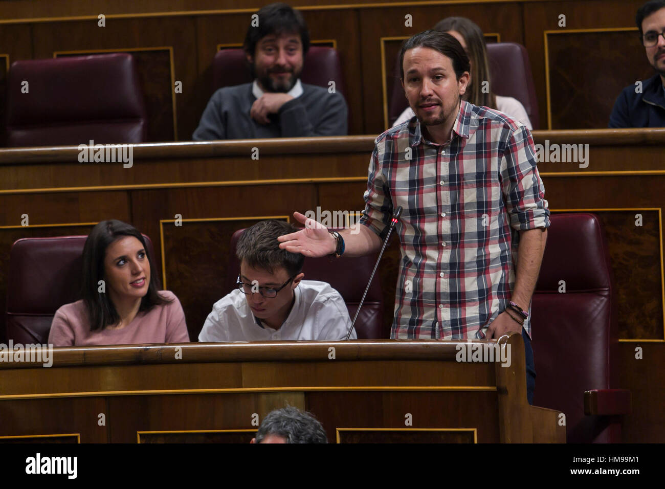 Political Inigo Errejon, Pablo Iglesias, Irene Montero during the session of control to the Government in the Congress of the Deputies, in Madrid the Wednesday 30 of November Stock Photo
