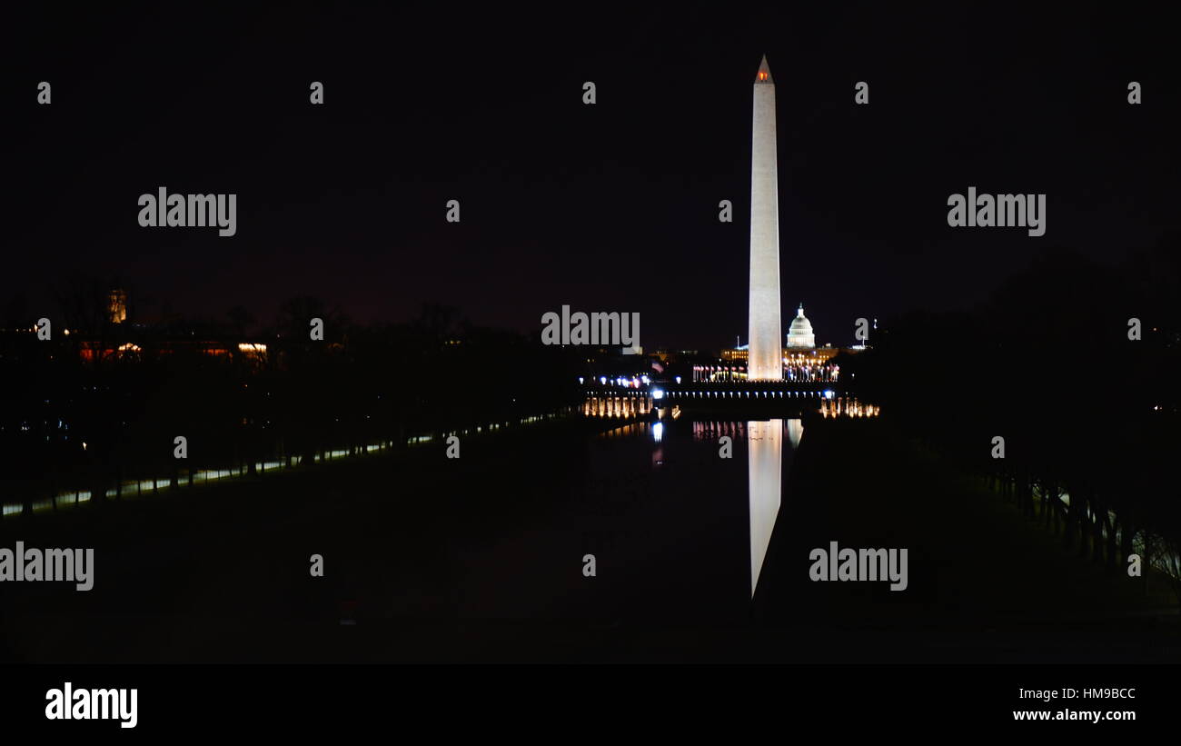 Washington Monument Lit up at Night Stock Photo