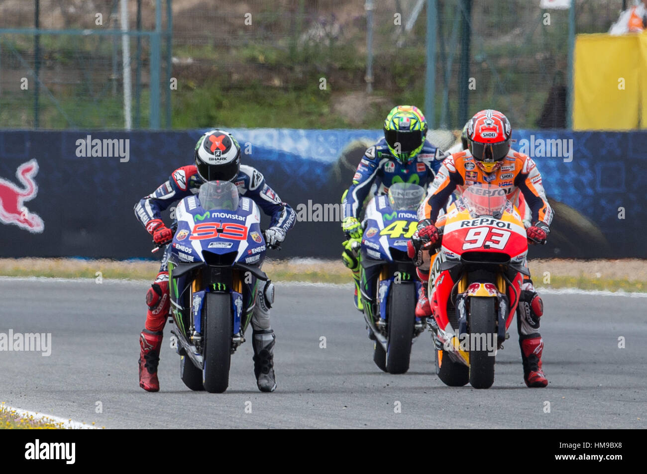Jorge Lorenzo, Marc Marquez and Valentino Rossi during the qualifying in  Motorcycle Championship GP, in Jerez, Spain. April 23, 2016 Stock Photo -  Alamy
