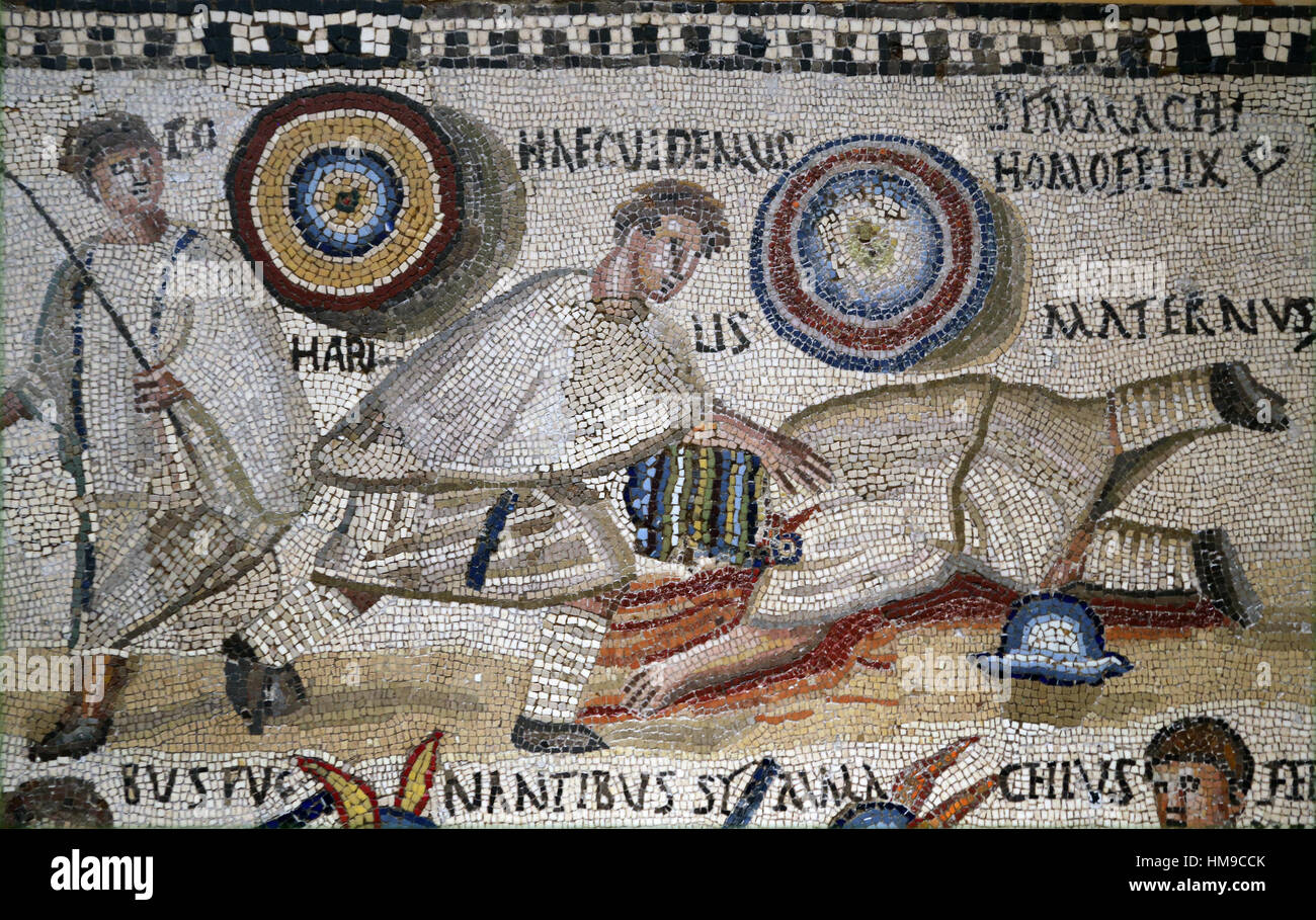 Gladiator fight. Mosaic. 3rd century. Rome. Defeated Maternus, with crossed-out O, simbol of deat. Spain. National Archaeological Museum, Madrid. Stock Photo