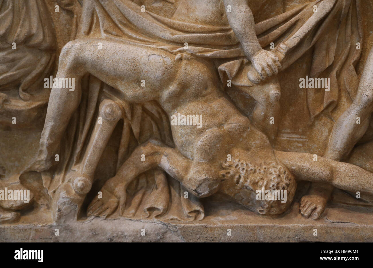 Sarcophagus of the Oresteia. Marble. 2nd century. Husillos (Palencia). Tragic myth of revenge of Orestes. Aegisthus killed by Orestes. Detail. Nationa Stock Photo