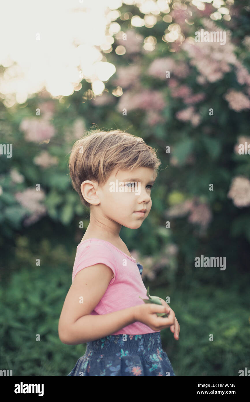 Fashionable Girl With Short Hair Among The Lavender Garden Stock