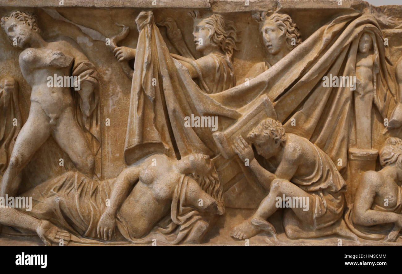 Sarcophagus of the Oresteia. 2nd century. Death of Clytemnestra and two Furies carrying torch and snake. Detail. Husillos. Spain. National Archaeologi Stock Photo