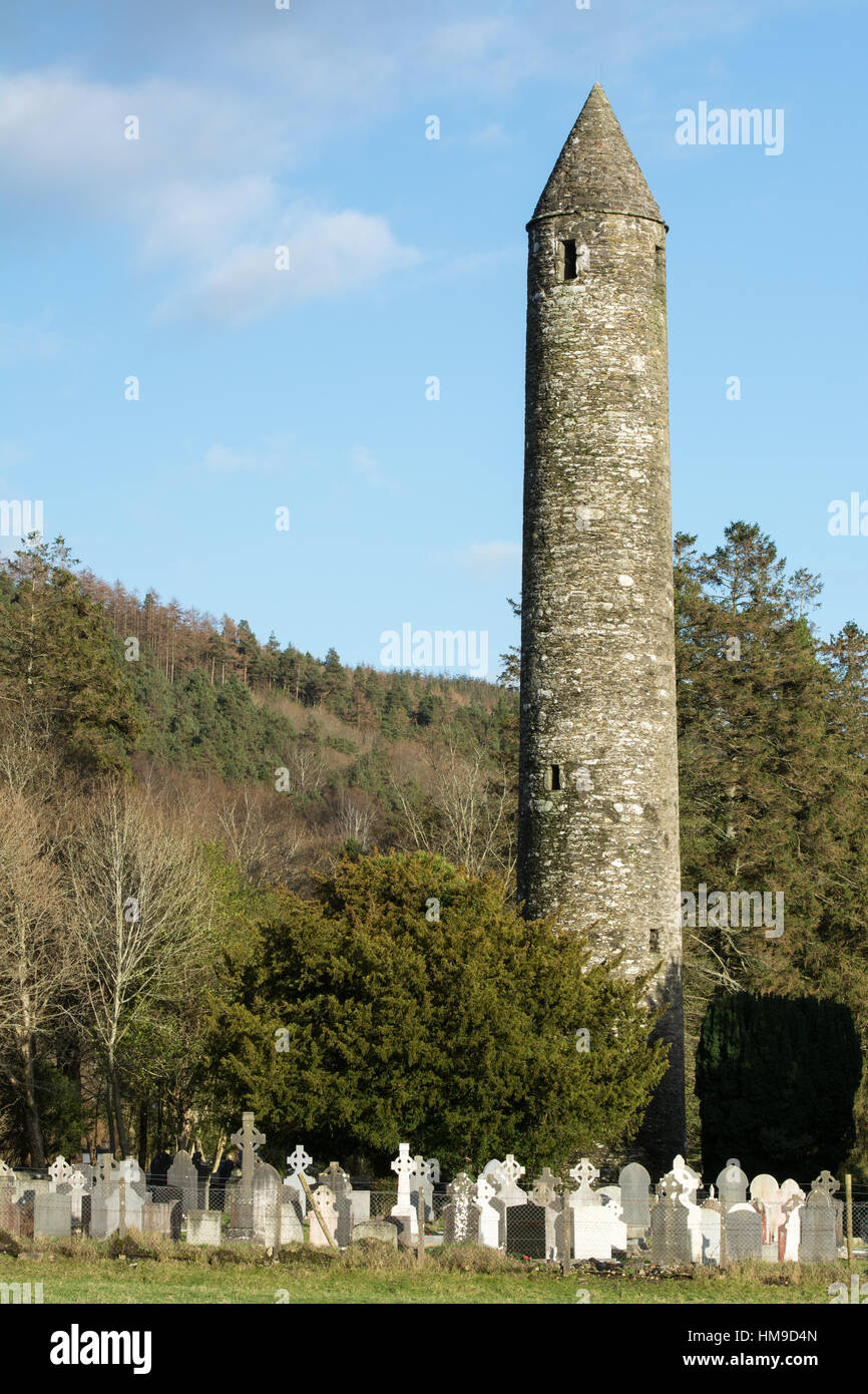 Round Tower at Glendalough in the Wicklow Mountains in Ireland Stock Photo