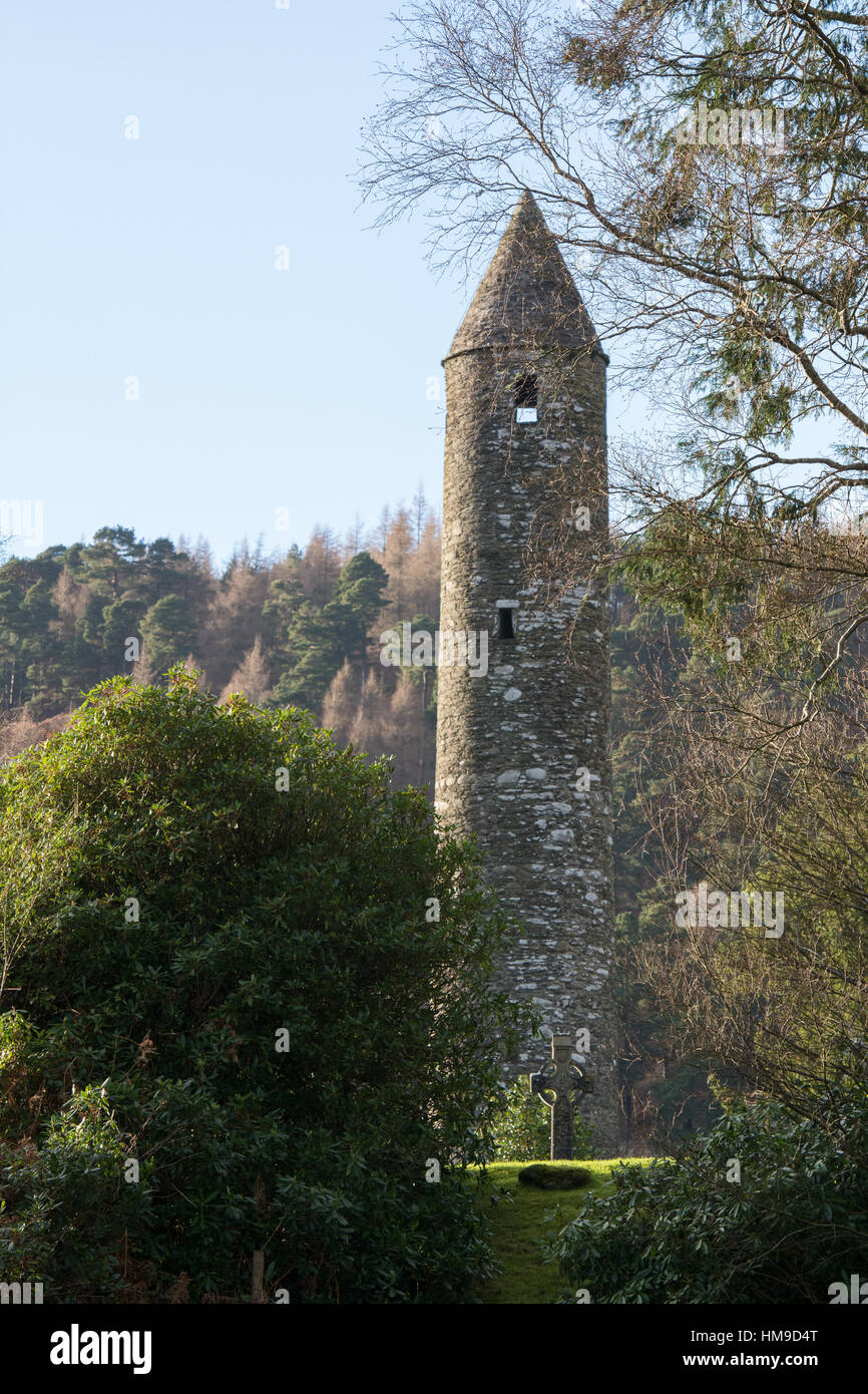 Round Tower at Glendalough in the Wicklow Mountains in Ireland Stock Photo