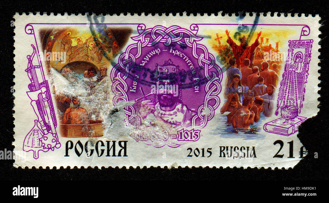 Stamp printed in Russia shows image of the Vladimir Sviatoslavich the Great was a prince of Novgorod, grand prince of Kiev. Stock Photo