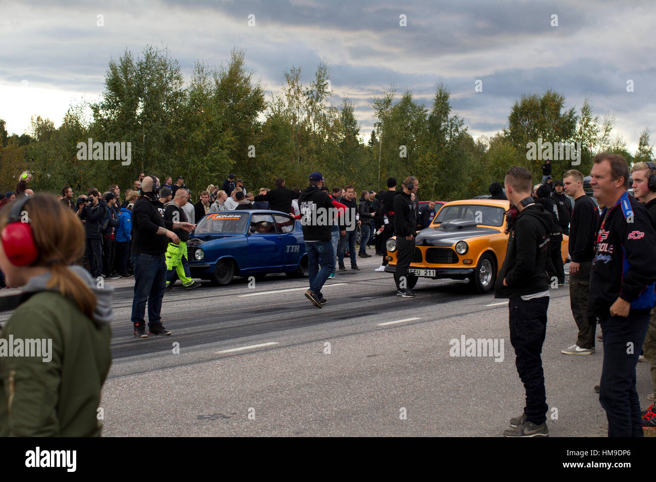 Illegal street racing at a secret location in Sweden Stock Photo