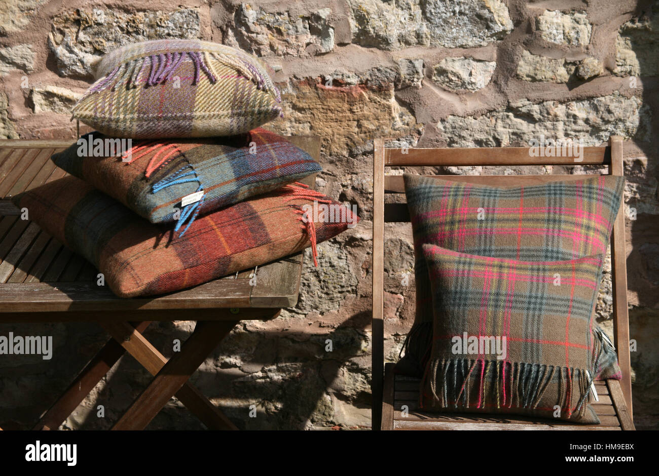 Tartan Cushions  - photographed outdoors Stock Photo
