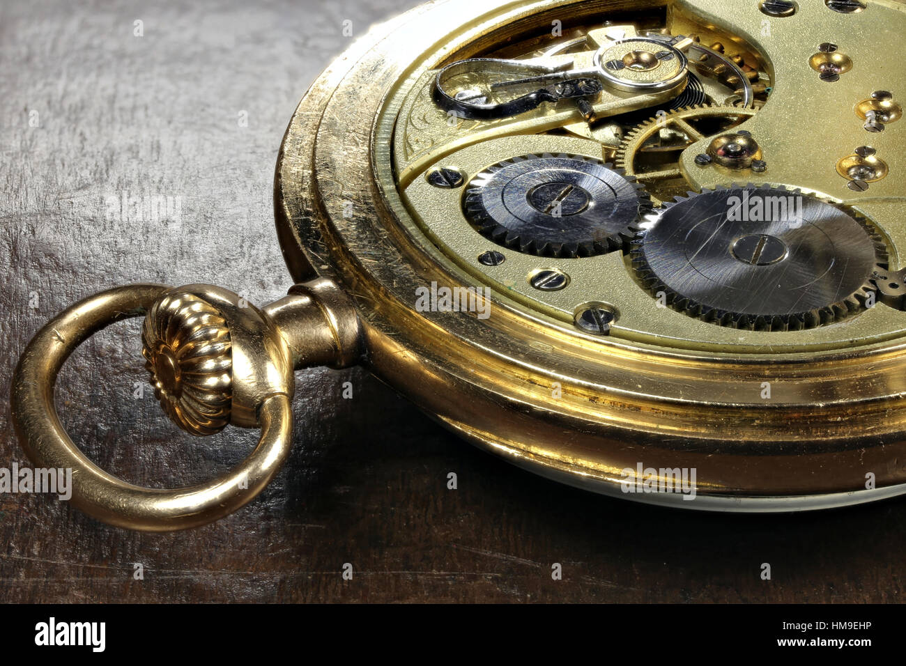 clockwork of an antique Swiss 14k gold pocket watch Stock Photo