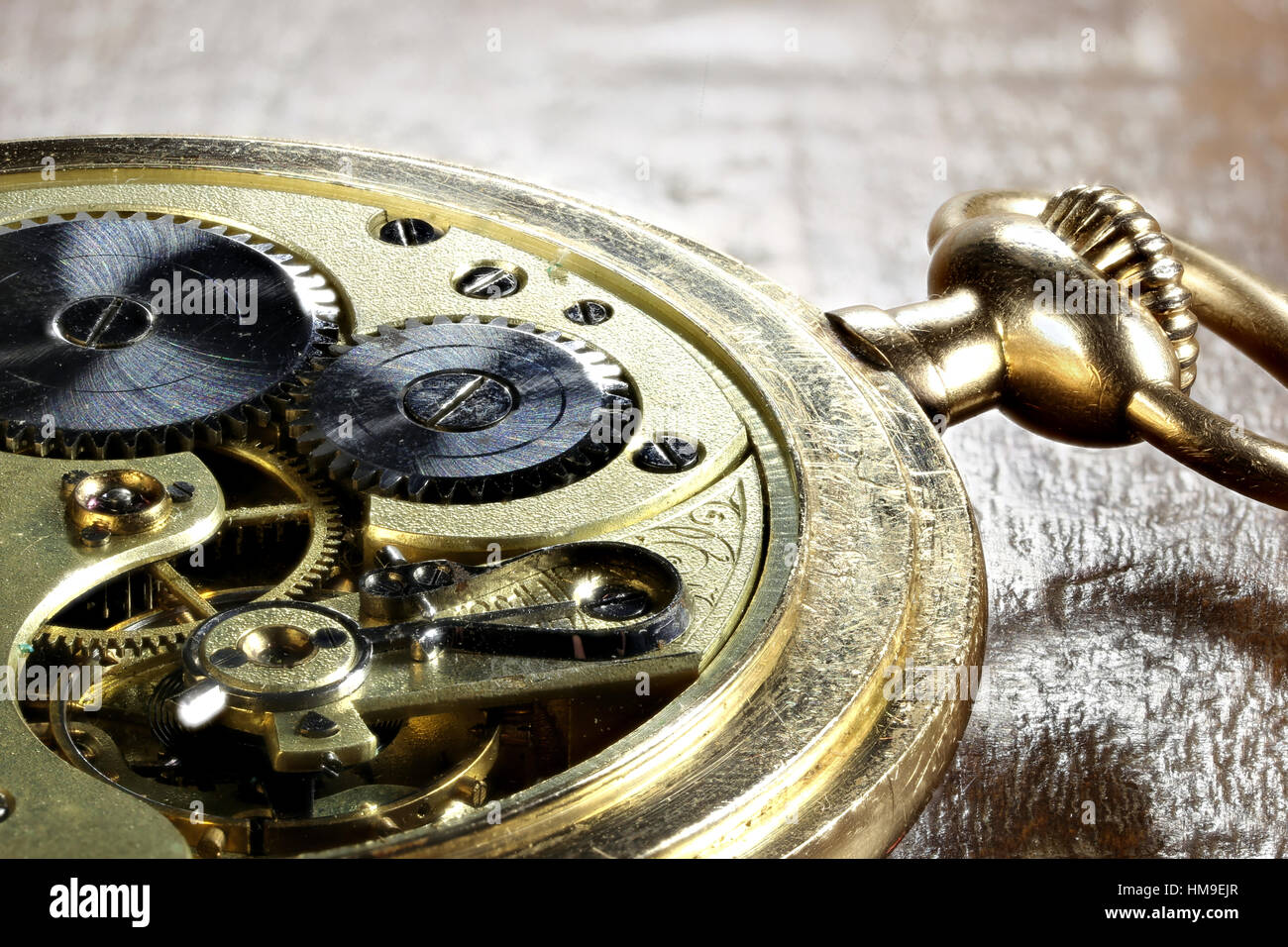 clockwork of an antique Swiss 14k gold pocket watch Stock Photo