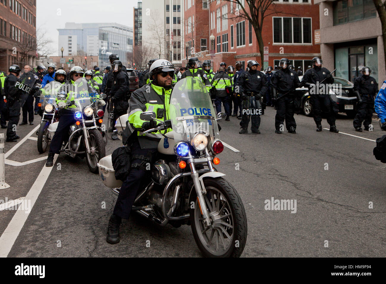 Metropolitan police motorcycle unit preparing for crowd control on 2017 Presidential Inauguration day - Washington, DC USA Stock Photo