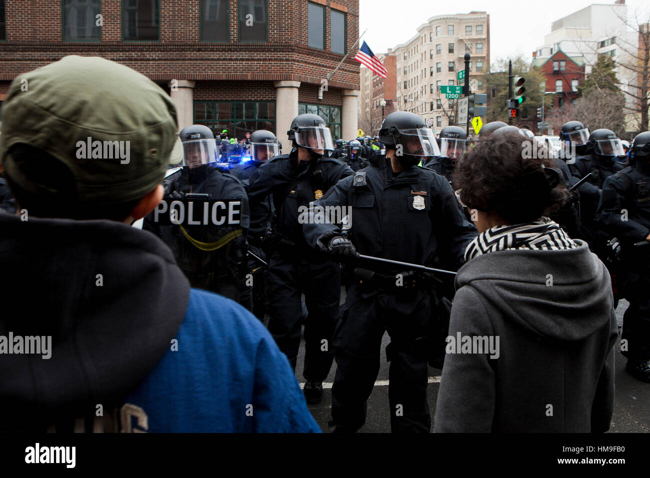 Metropolitan Police in riot gear standing in formation during Inauguration Day protests - Washington, DC USA Stock Photo