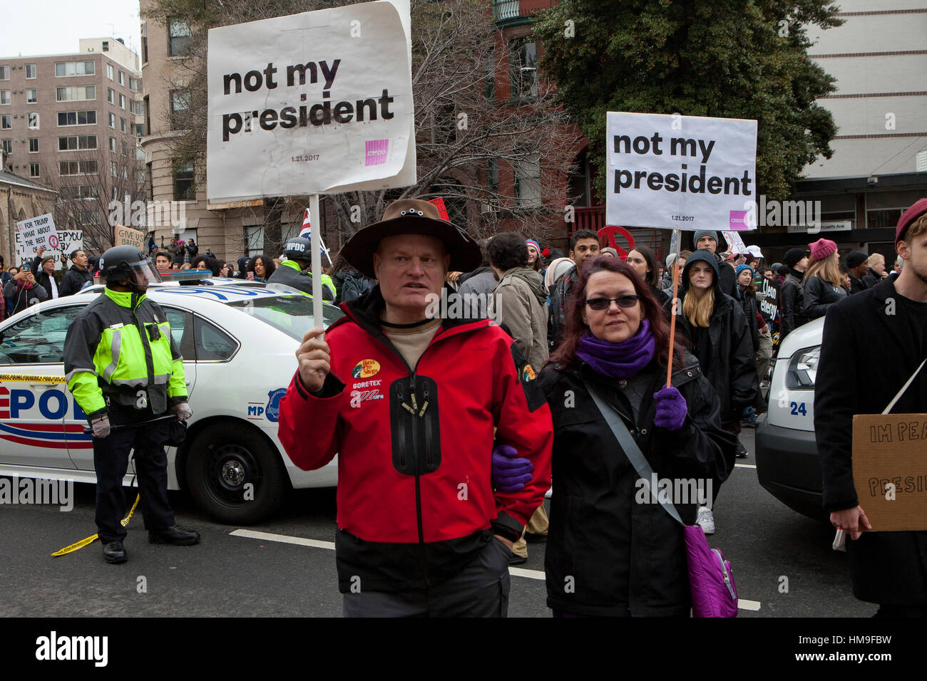 Anti-Trump activists holding sign which read 'Not My President' during the 2017 presidential inauguration protests - Washington, DC UsA Stock Photo