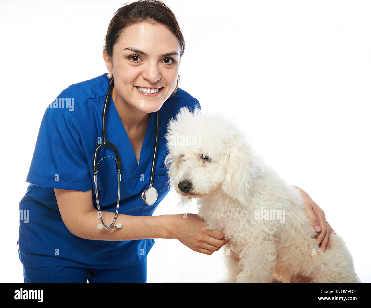 happy smile veterinar woman with dog isolated on white Stock Photo