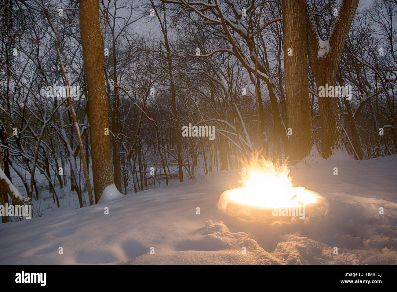 Burning hot fire surrounded by snow in wooded area. Stock Photo