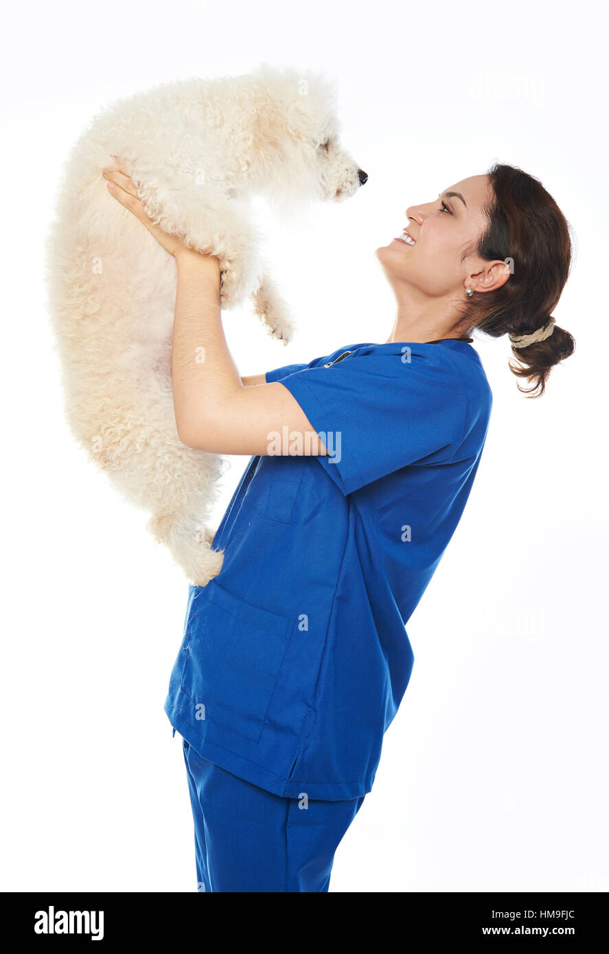 smiling veterinarian hold dog isolated on white background Stock Photo