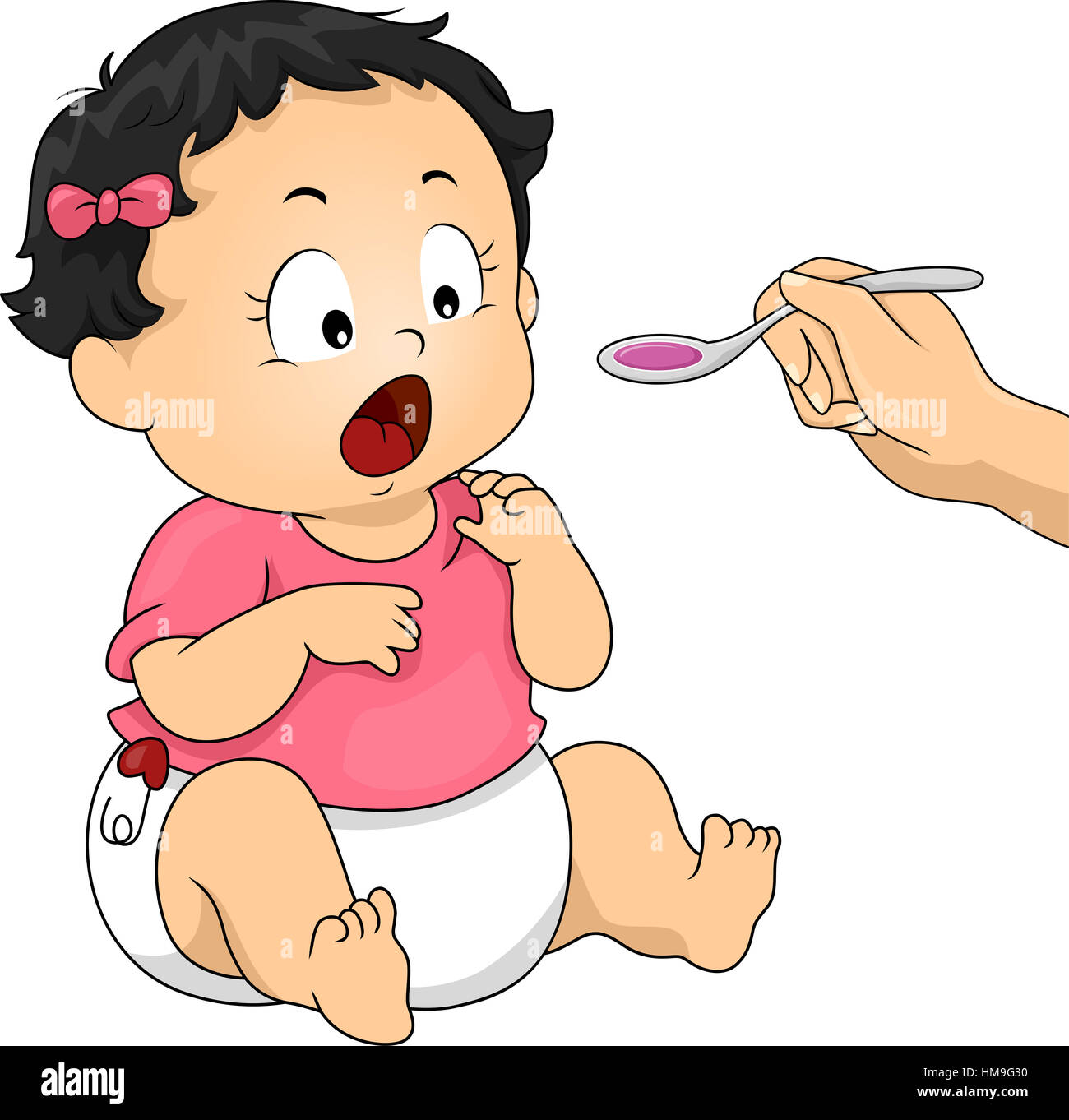 Illustration of a Mother Giving Cough Syrup to Her Baby Daughter Stock