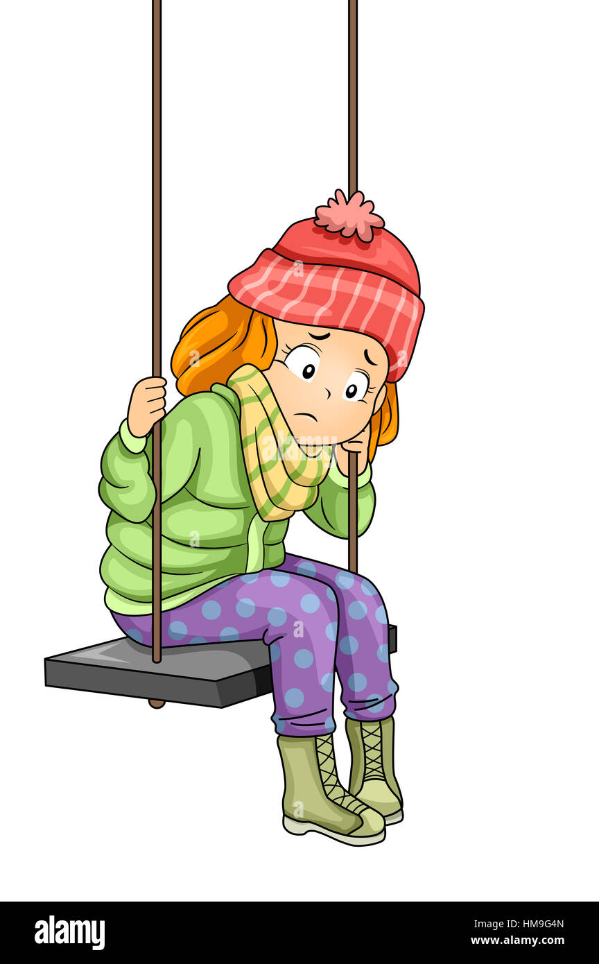 Illustration of a Sad Little Girl Sitting on a Swing Stock Photo