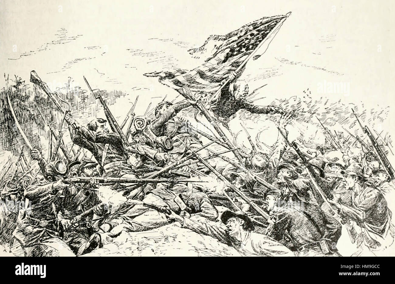 Hancock's Corps assaulting the Works at Bloody Angle at the Battle of Spotsylvania Court House during the USA Civil War Stock Photo