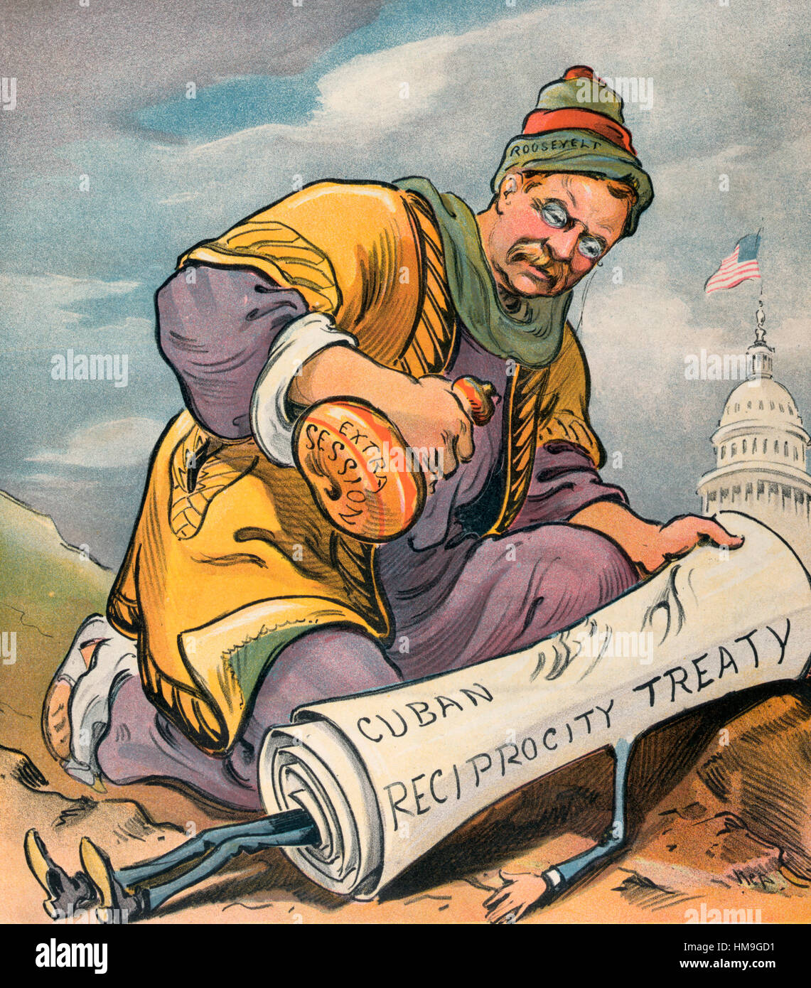 The good samaritan -  Political Cartoon shows President Theodore Roosevelt as a good samaritan offering a bottle labeled 'Extra Session' to a fallen figure of rolled-up papers labeled 'Cuban Reciprocity Treaty'; the U.S. Capitol is visible in the background. 1903 Stock Photo