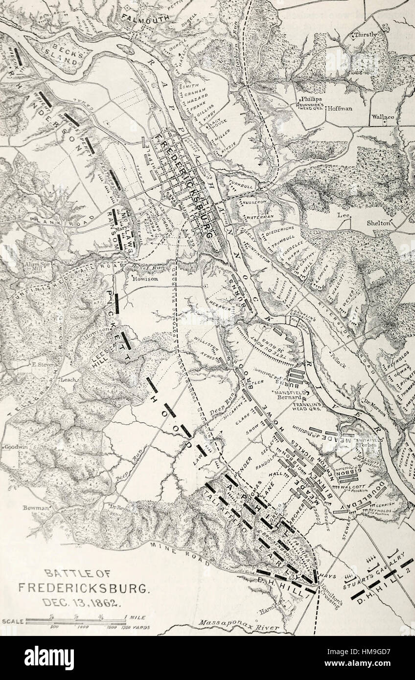 Map of The Battle of Fredricksburg - December 13, 1862. USA Civil War Stock Photo
