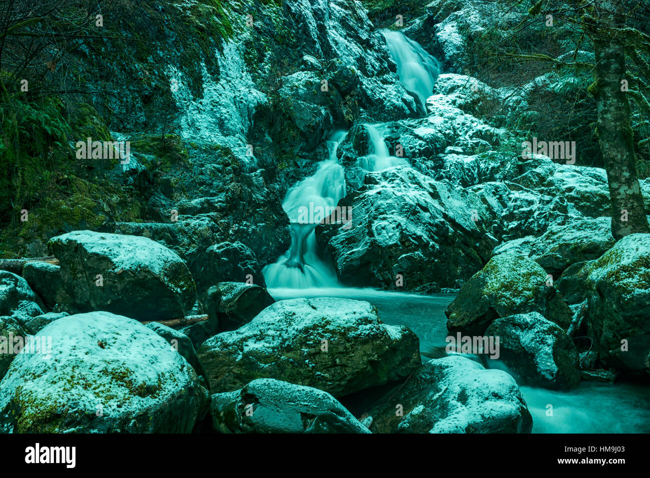 Nature of Vancouver Island - Todd creek waterfalls after first  snow. Potholes provincial park 3. Stock Photo