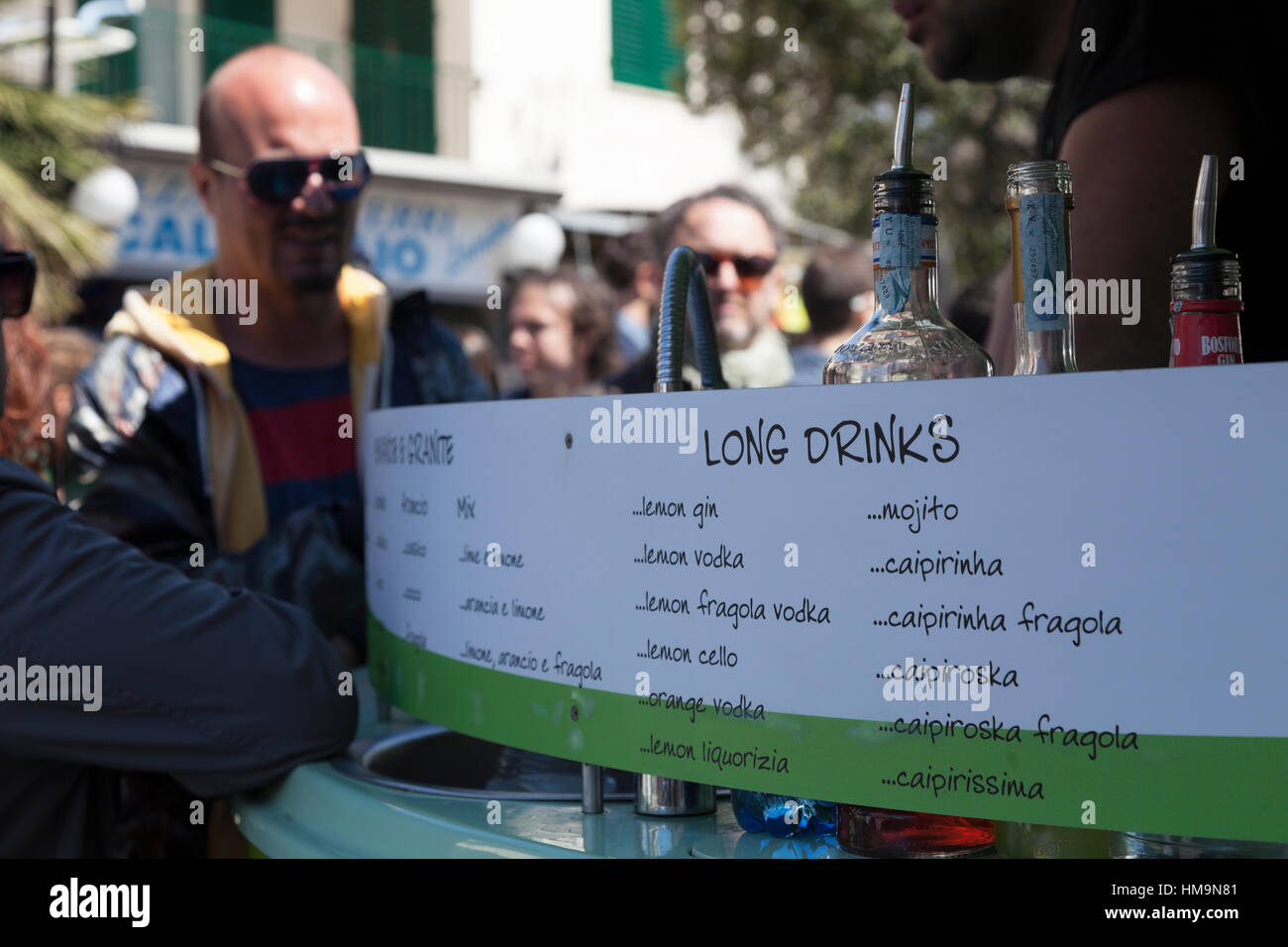 Long drinks list at street food festival Stock Photo
