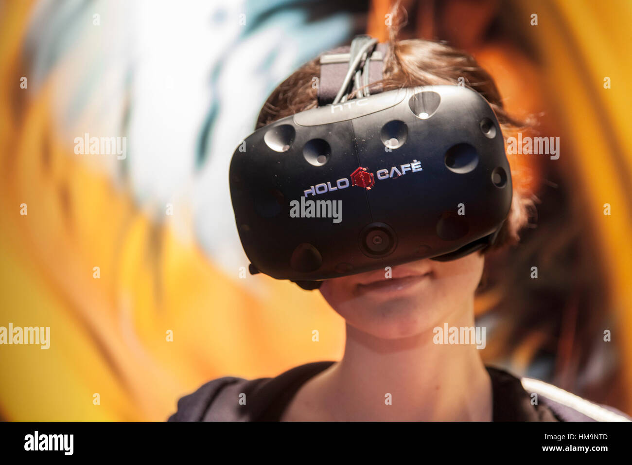 The world of the Virtual Reality - 3D Gaming with a VR gaming headset Stock Photo