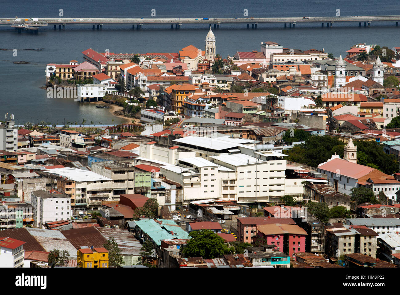 Panama City, Panama, Old part of town, Casco Viejo, seen from Ancon Hill. Casco Antiguo Historic Town Panama City Central America old town houses. Cas Stock Photo