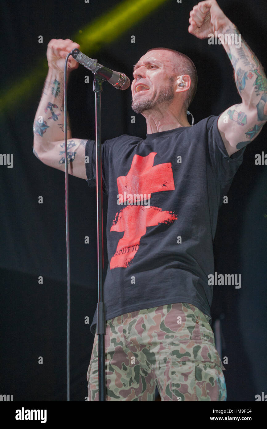 KIEV, UKRAINE - MAY 23, 2015: Sergey Mikhalok leader of punk rock band Brutto performs song during show in International Tattoo Convention Kyiv Tattoo Stock Photo