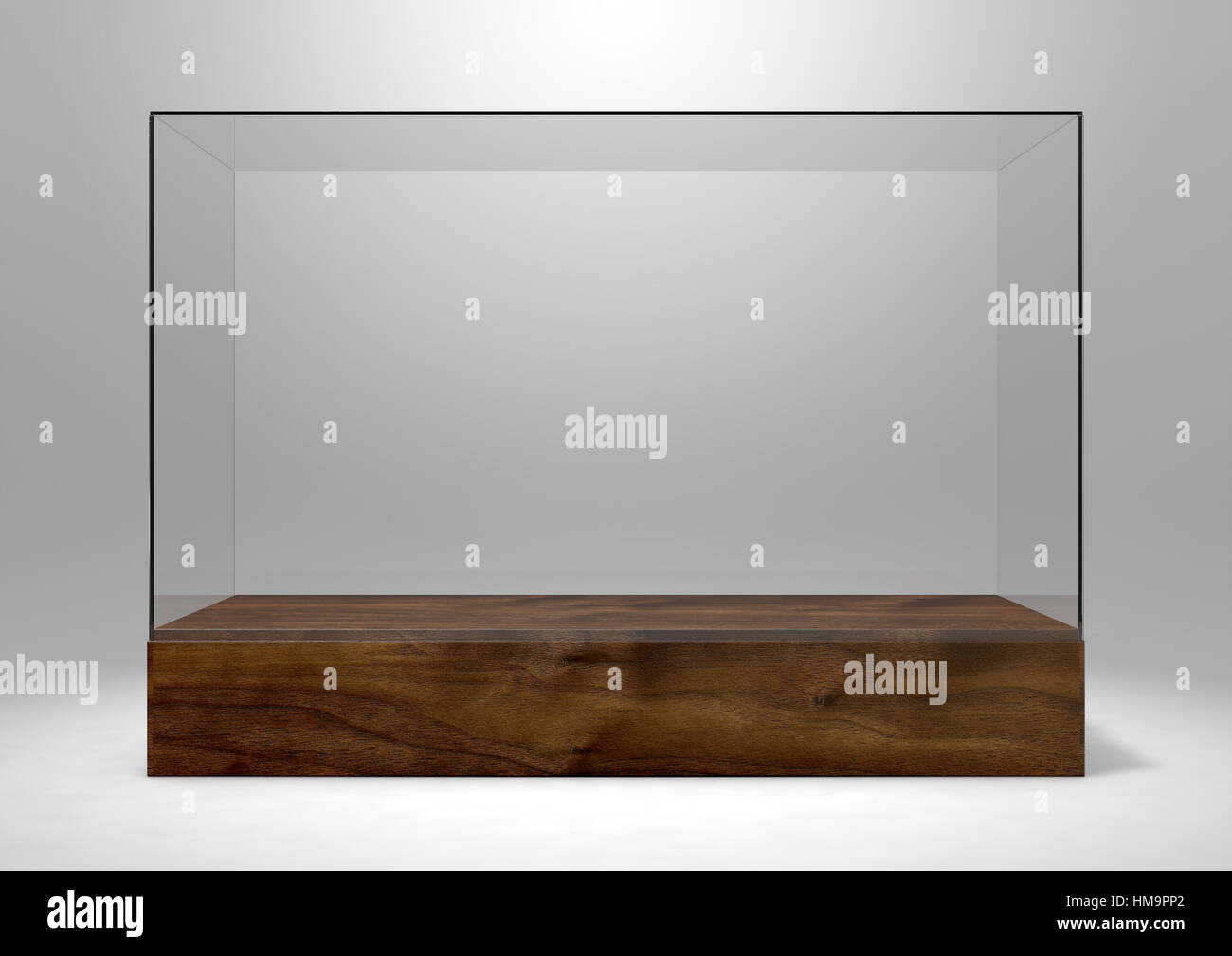 An empty rectangular glass display case with a wooden base on an isolated studio background - 3D rendering Stock Photo