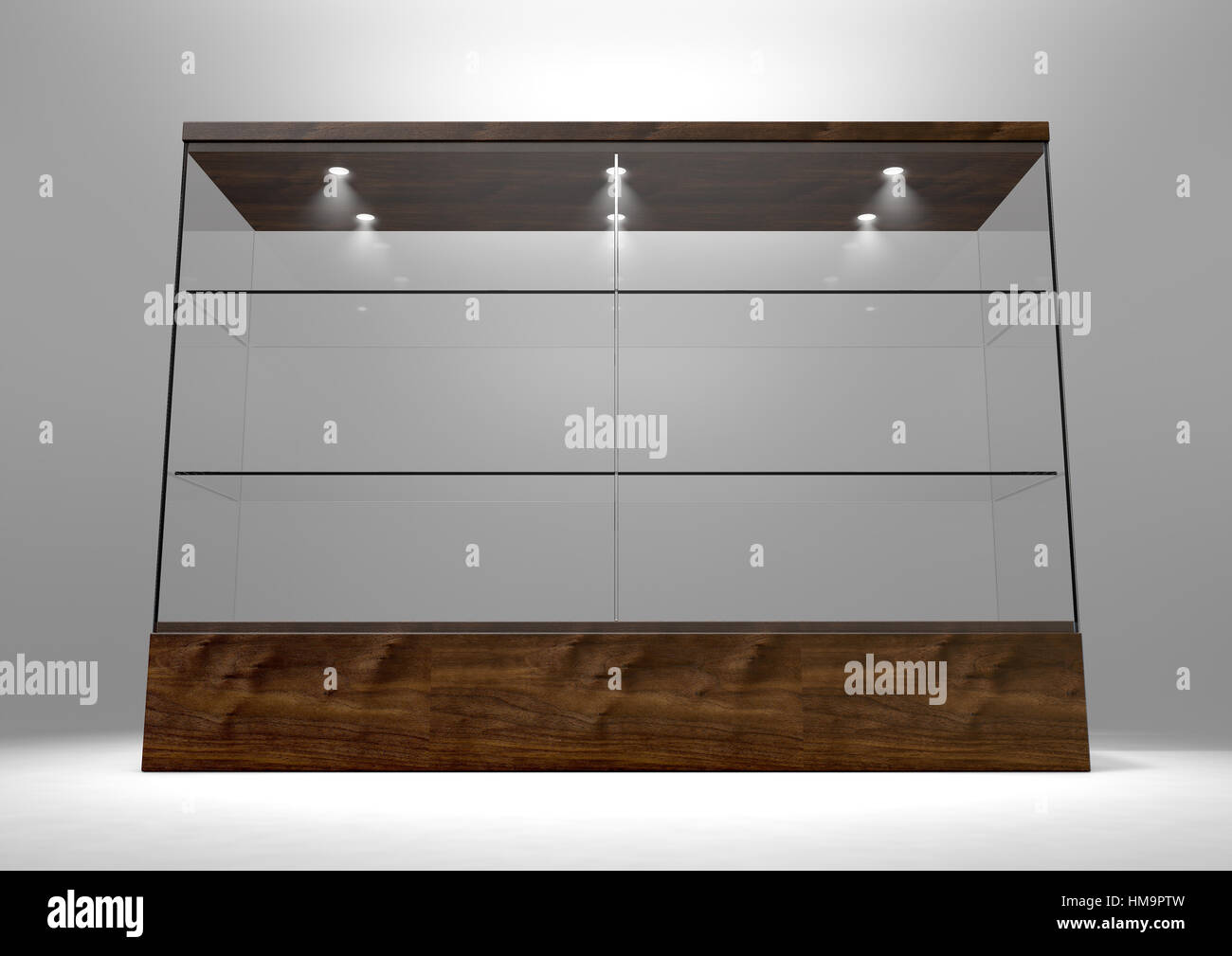 An empty rectangular glass display cabinet with a wooden base and lid and glass shelves on an isolated studio background - 3D rendering Stock Photo